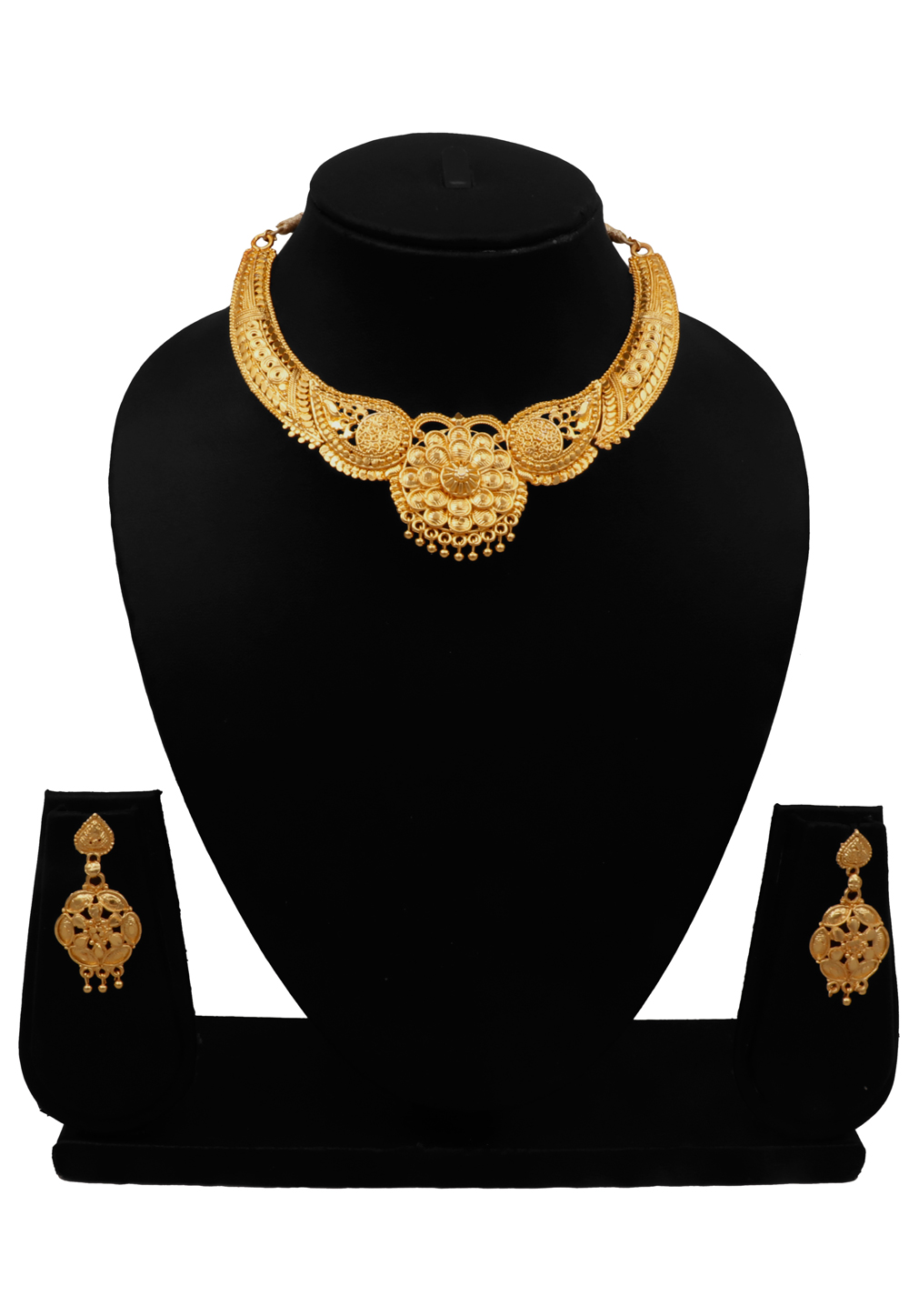 Golden Alloy Necklace Set With Earrings 216424