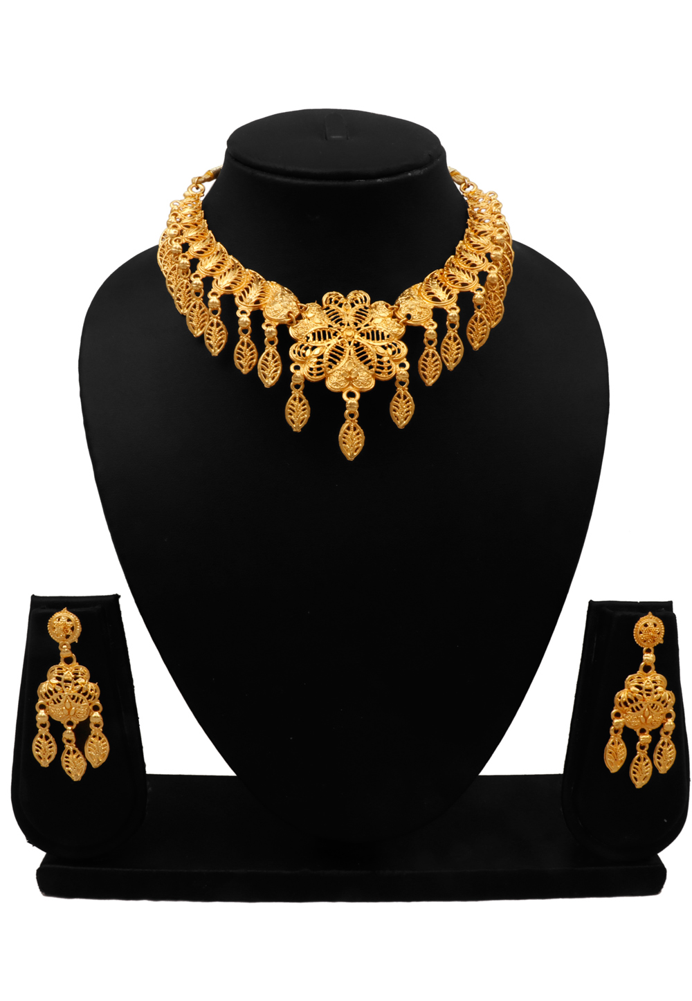 Golden Alloy Necklace Set With Earrings 216425