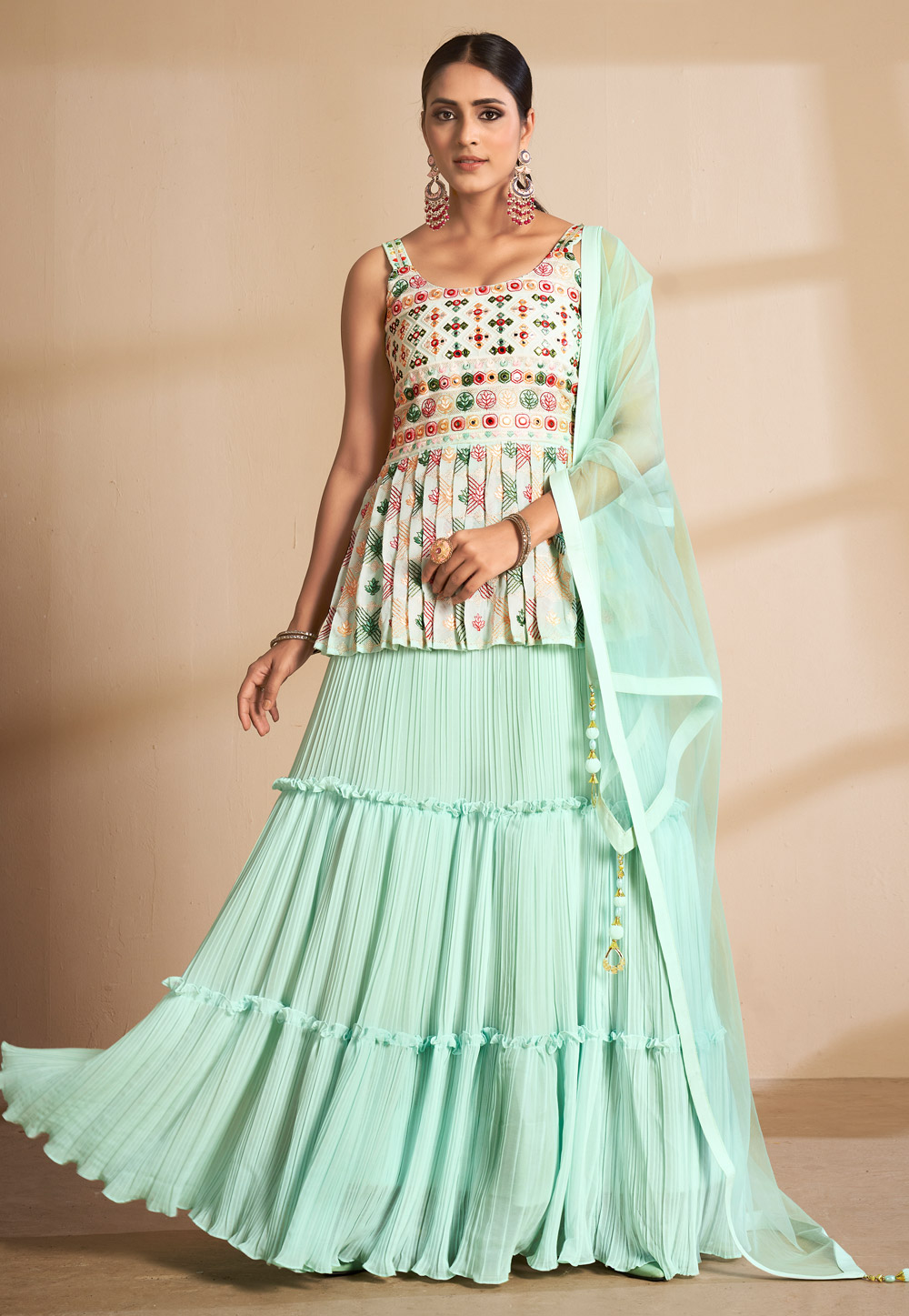 Mint Green Georgette Peplum Lehenga Choli 242880