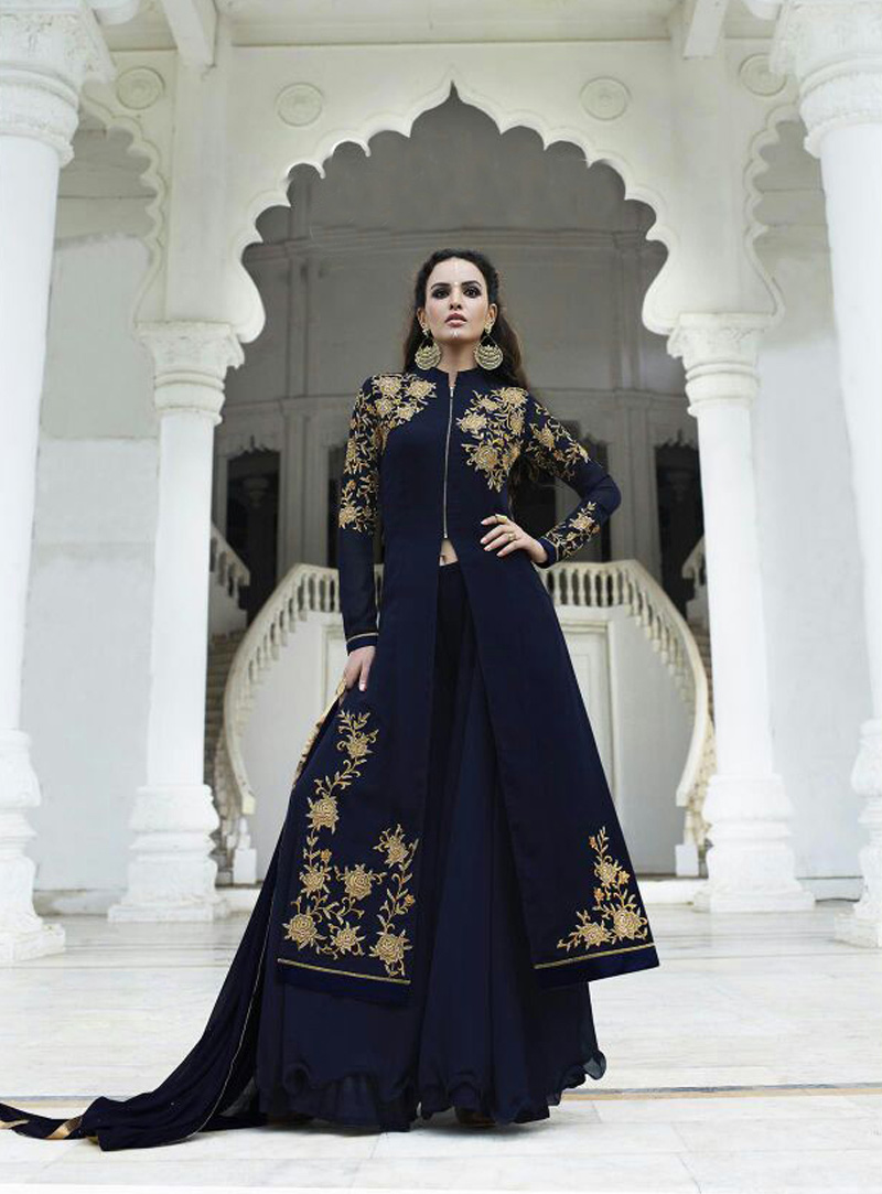 Navy Blue Georgette Palazzo Style Suit 82740