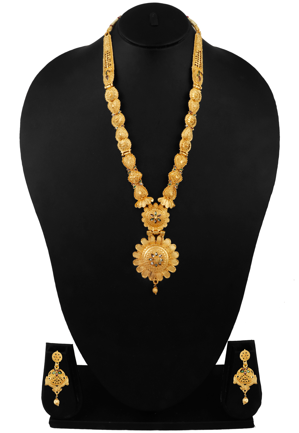 Golden Alloy Necklace Set With Earrings 216426