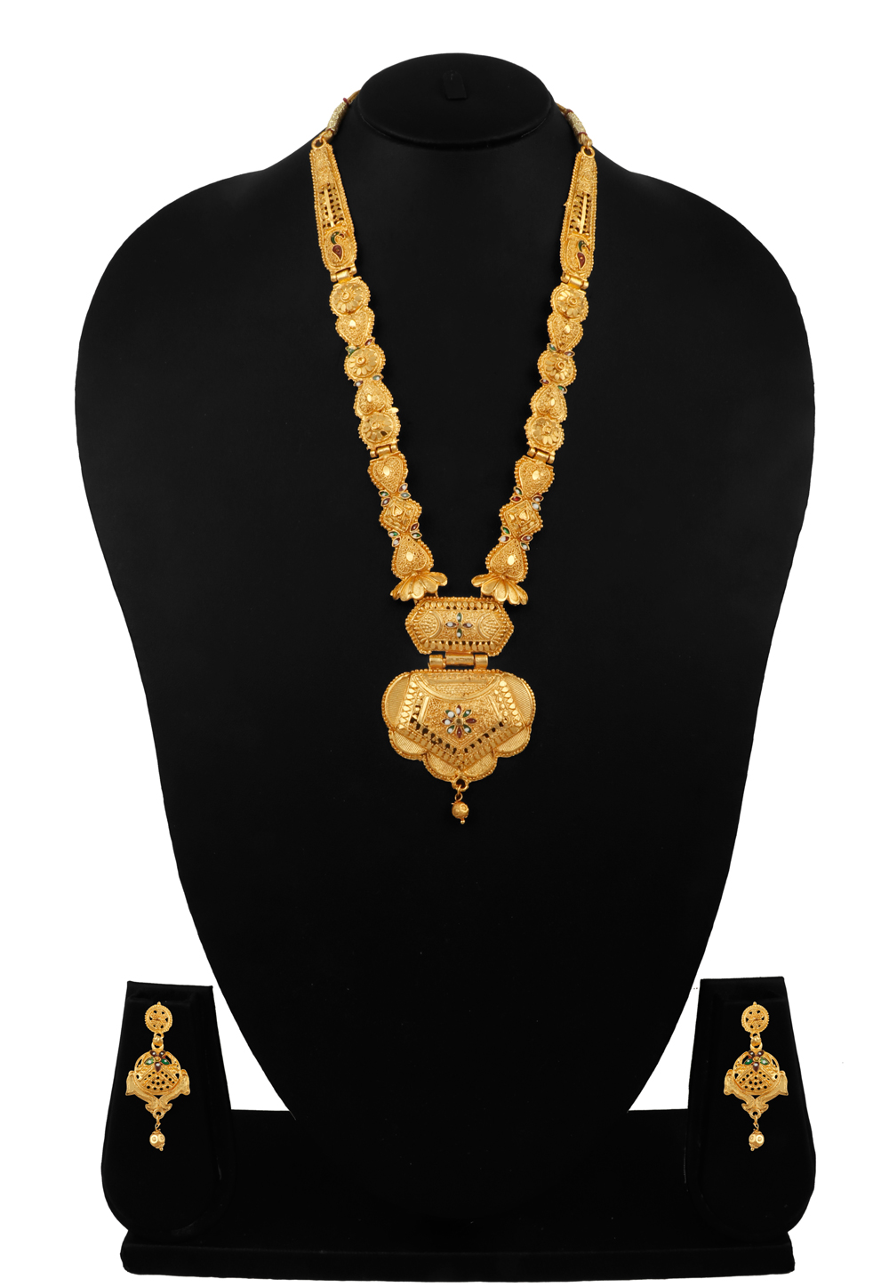 Golden Alloy Necklace Set With Earrings 216428