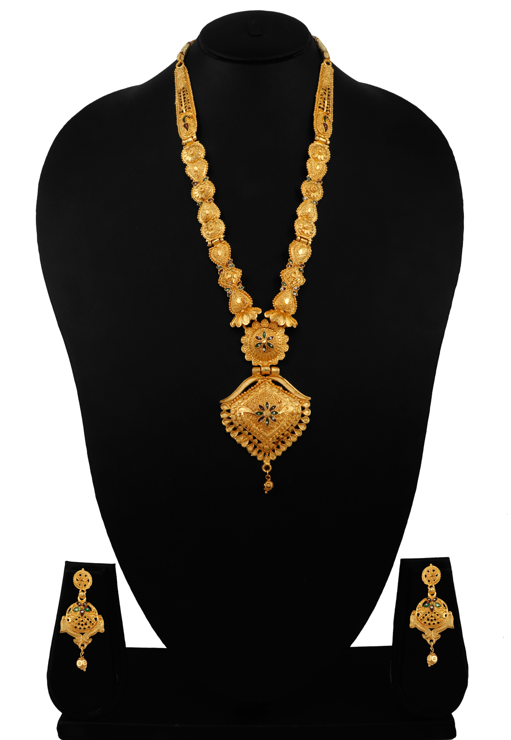Golden Alloy Necklace Set With Earrings 216430