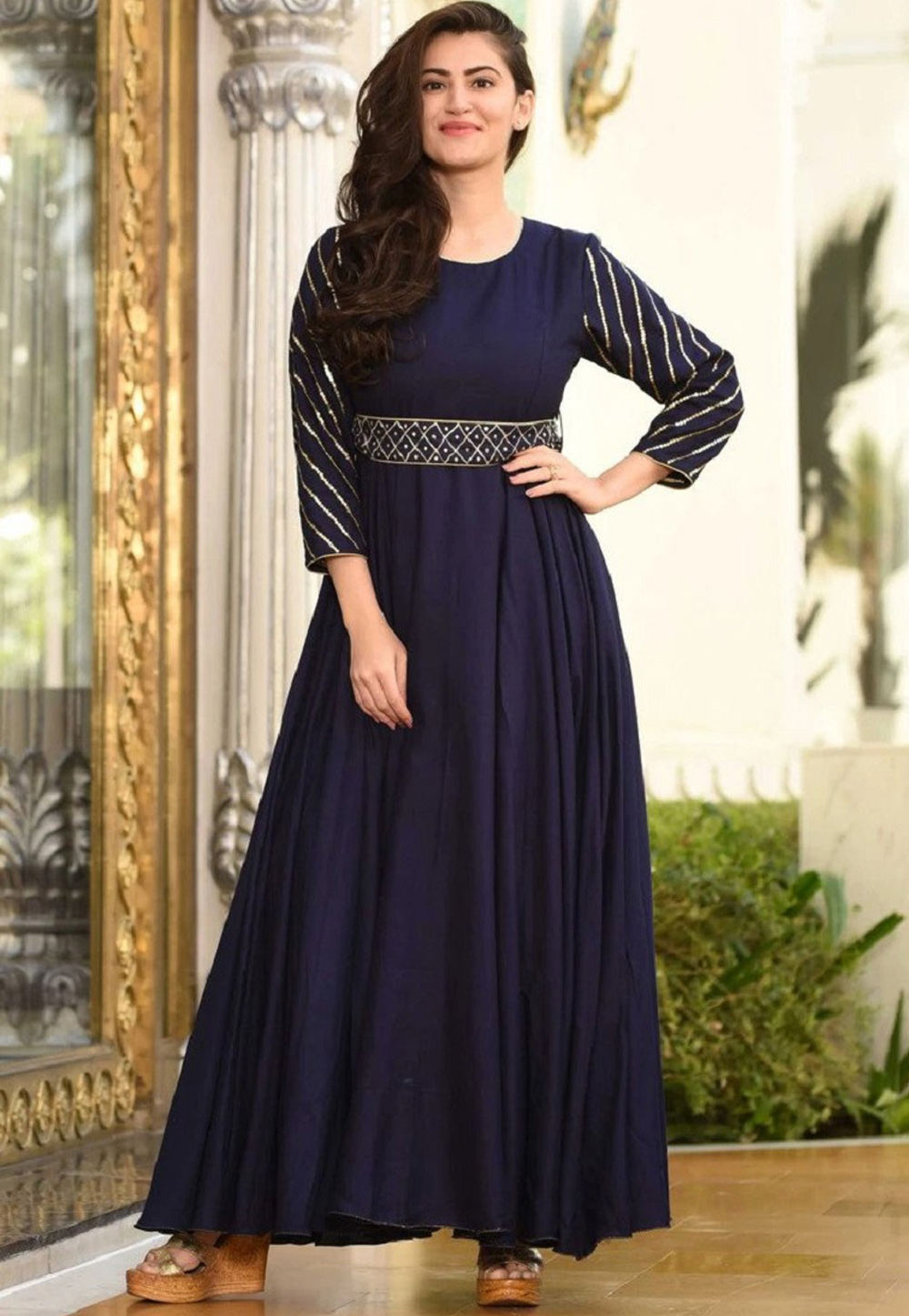 Navy Blue Cotton Silk Ankle Length Anarkali Suit 201265