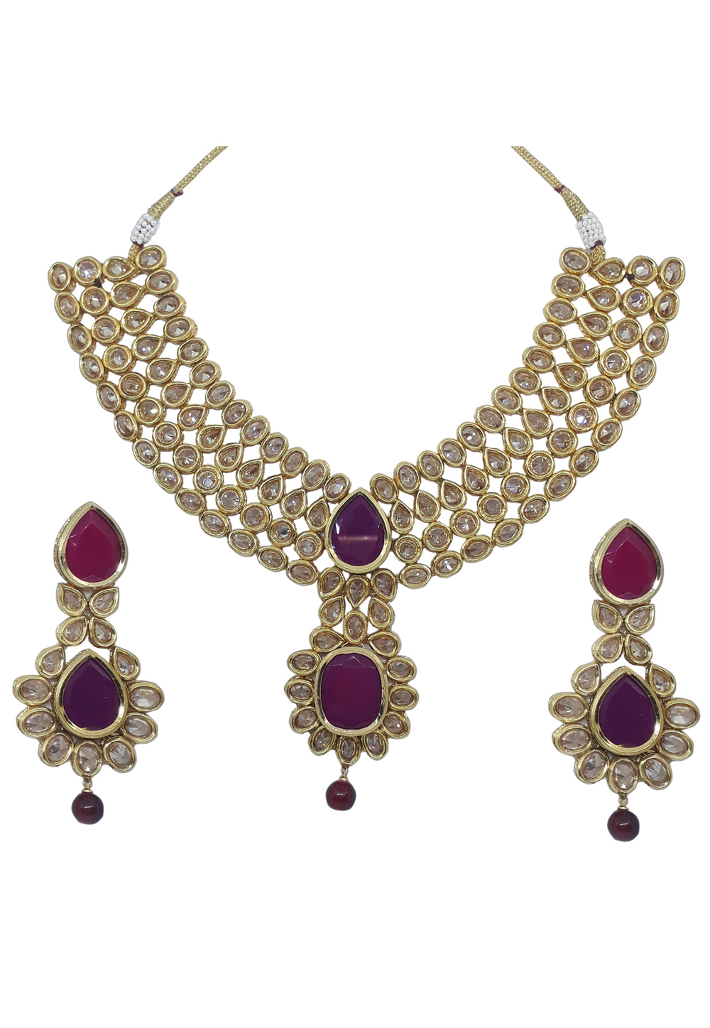 Pink Alloy Austrian Diamond Necklace Set With Earrings 166390