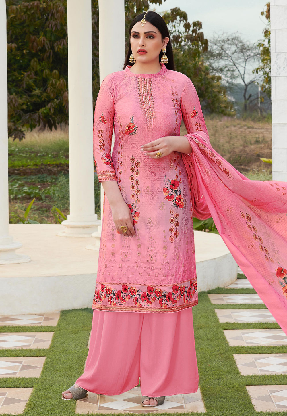 Pink Silk Cotton Palazzo Suit 204842