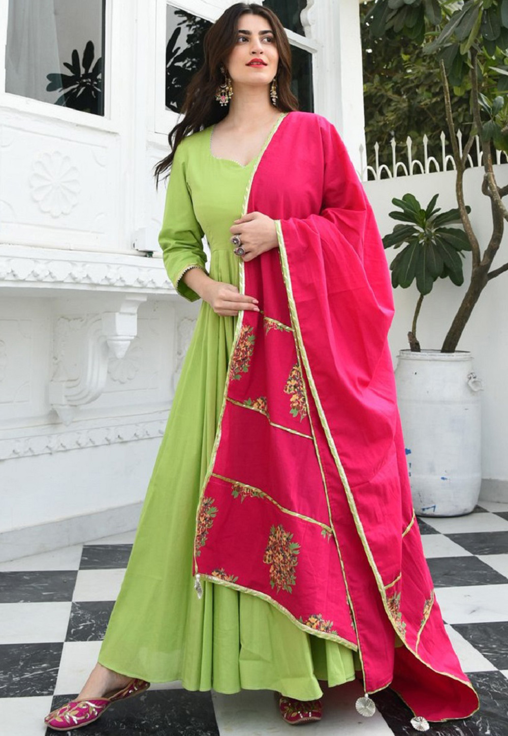 Light Green Cotton Silk Ankle Length Anarkali Suit 201266
