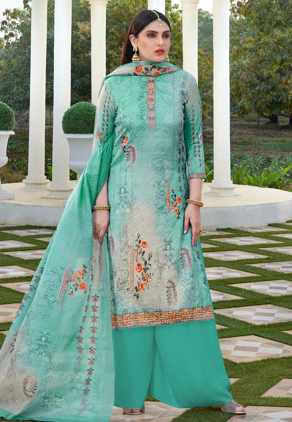 Turquoise Silk Cotton Palazzo Suit 204834