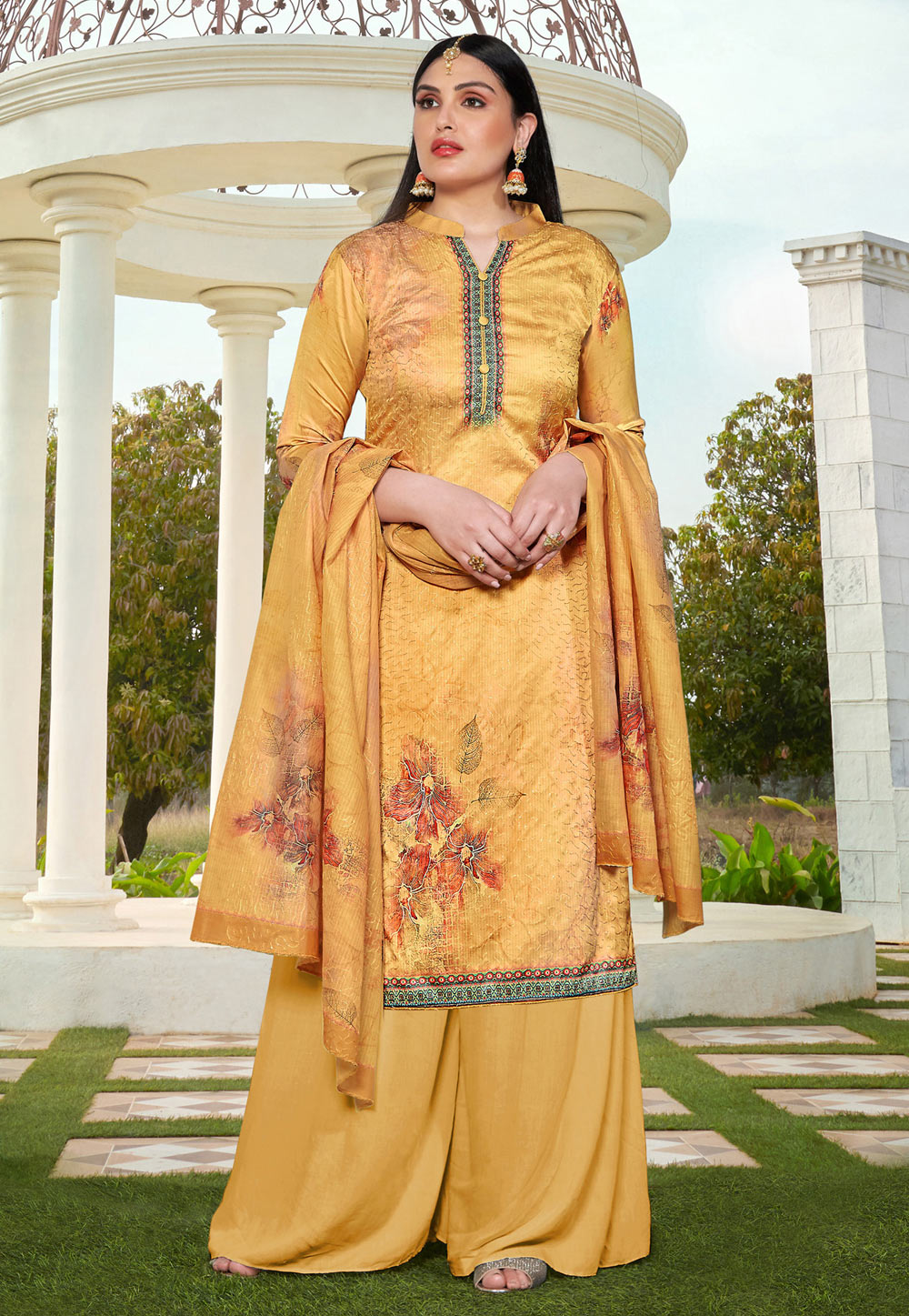 Yellow Silk Cotton Palazzo Suit 204838