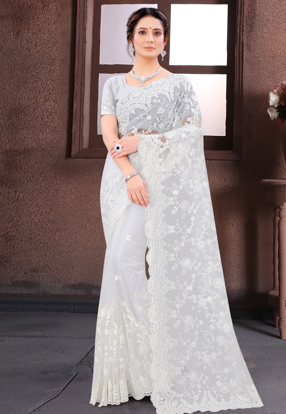 White Net Saree With Blouse 232873