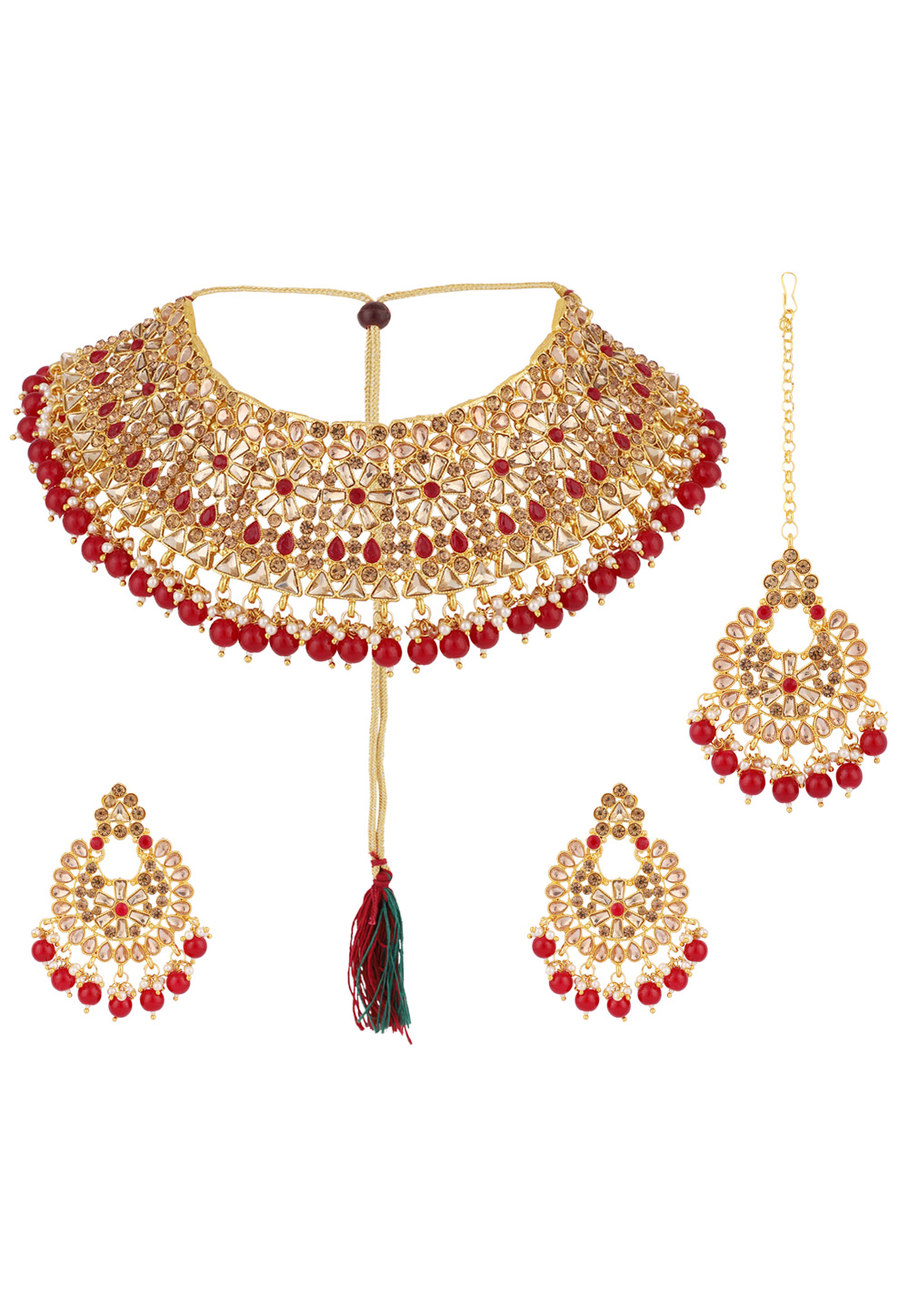 Red Alloy Necklace Set With Earrings and Maang Tikka 223057