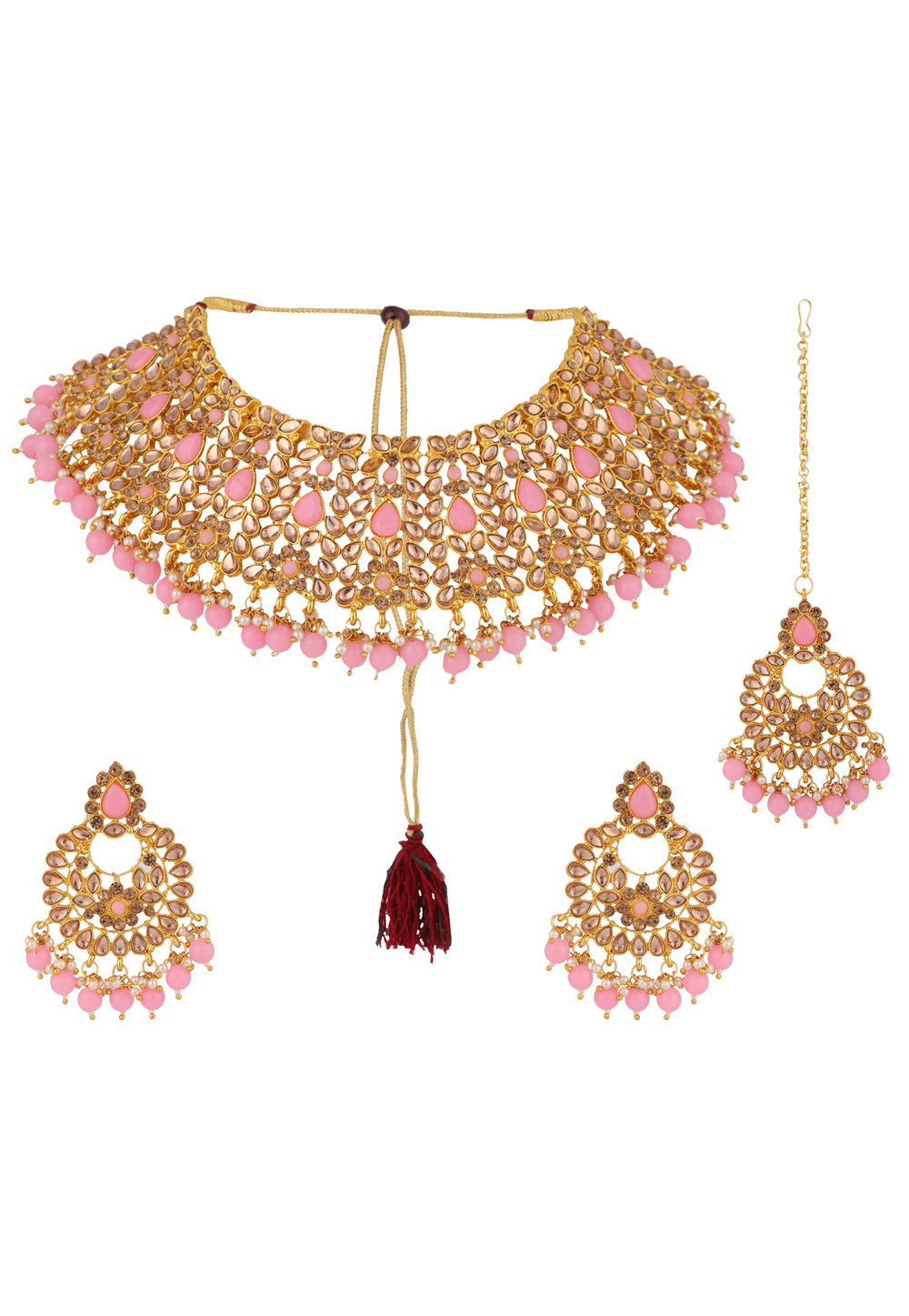Pink Alloy Necklace Set With Earrings and Maang Tikka 223058