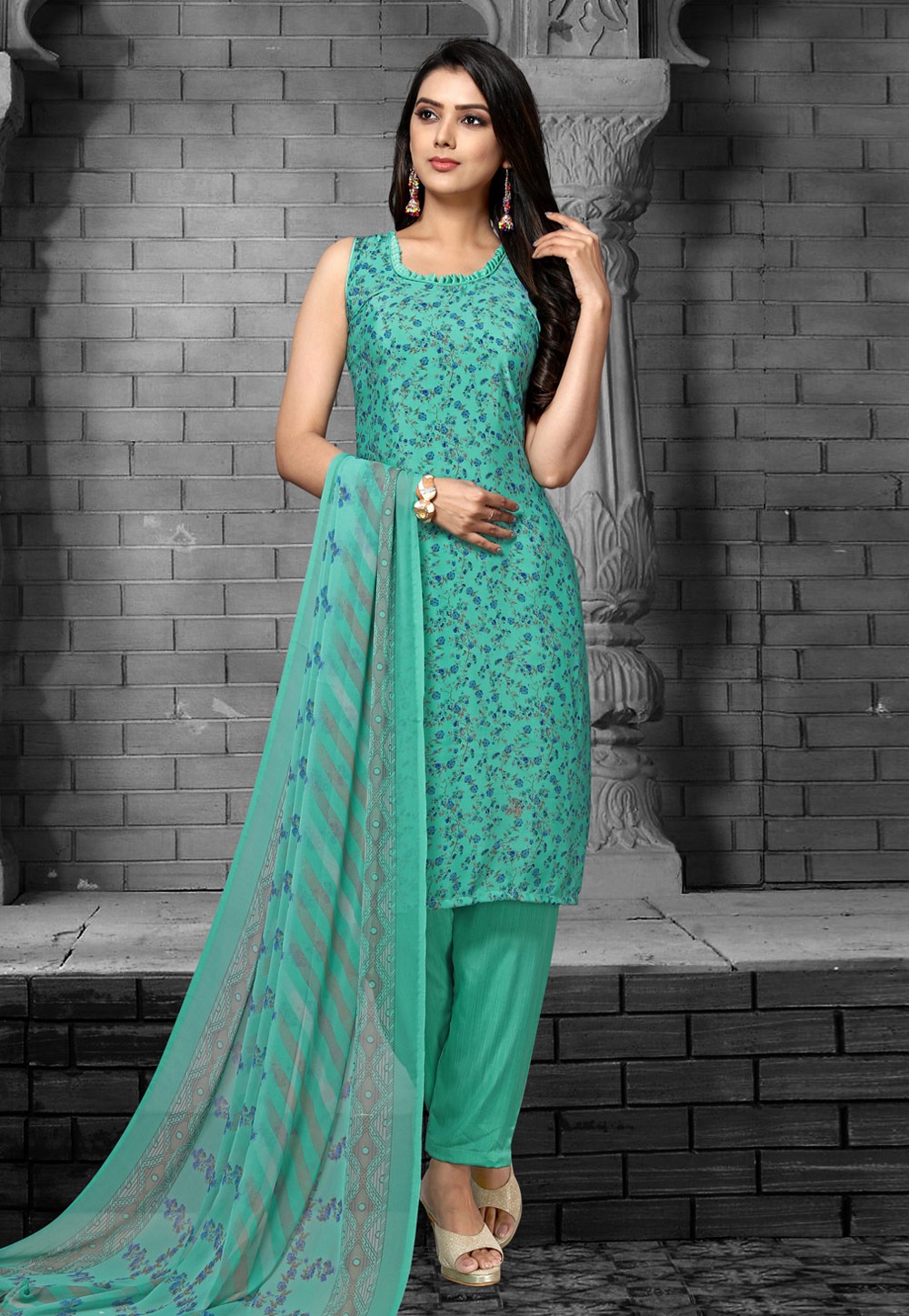 Turquoise Crepe Pant Style Suit 204799