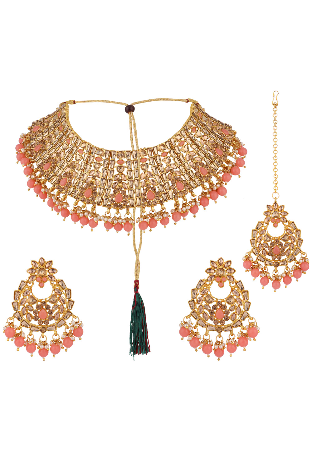 Pink Alloy Necklace Set With Earrings and Maang Tikka 223059