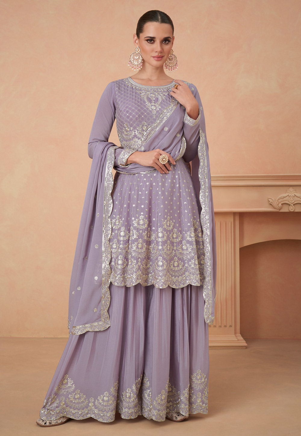 Lavender Chinon Silk Sharara Suit 276434