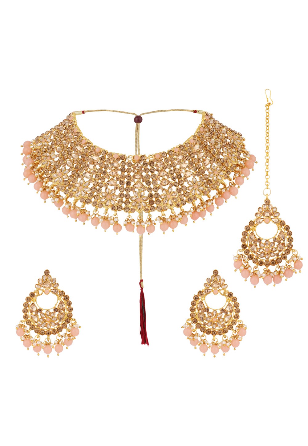 Peach Alloy Necklace Set With Earrings and Maang Tikka 223060