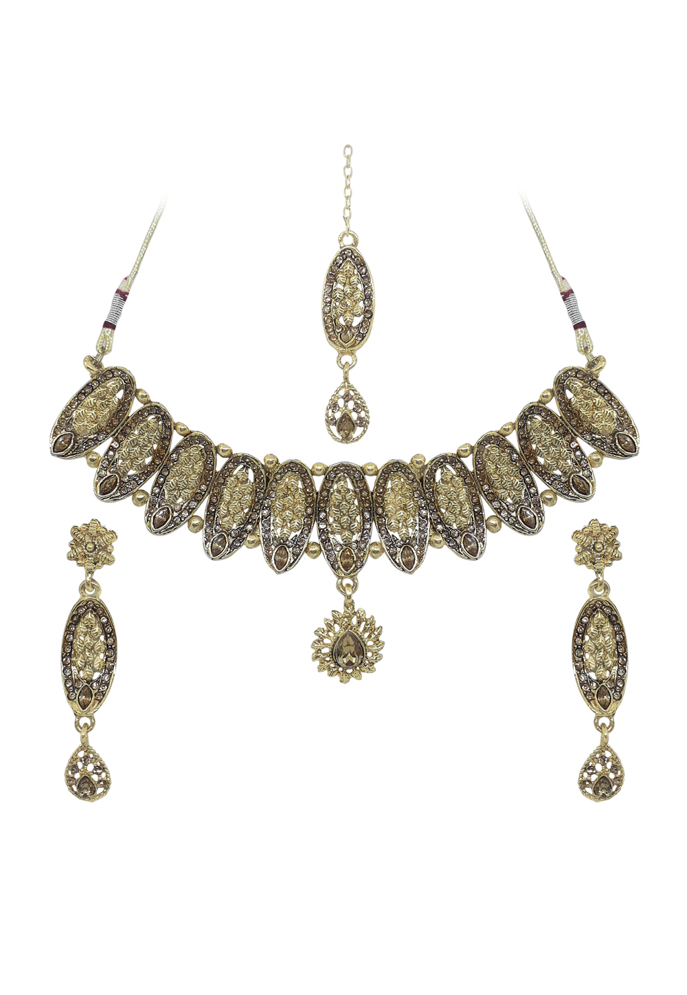 Golden Alloy Austrian Diamond Necklace Set With Earrings and Maangtikk 166402