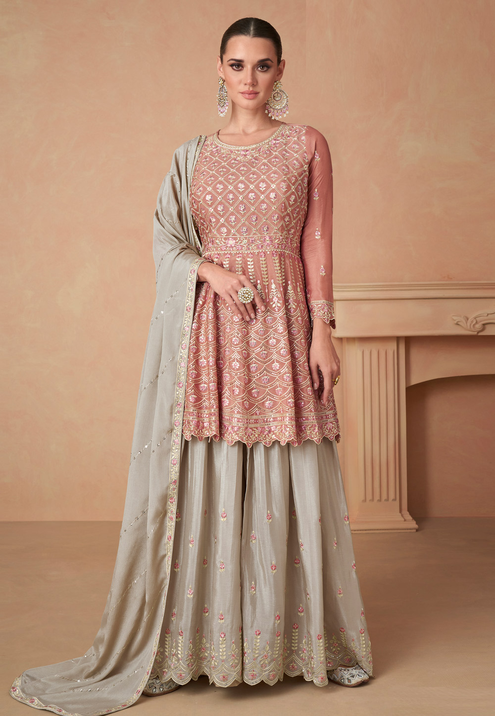 Peach Chinon Silk Gharara Suit 276435