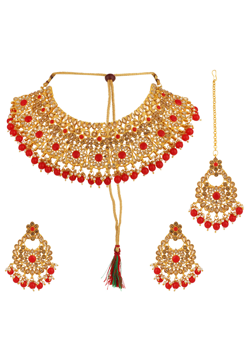 Red Alloy Necklace Set With Earrings and Maang Tikka 223061