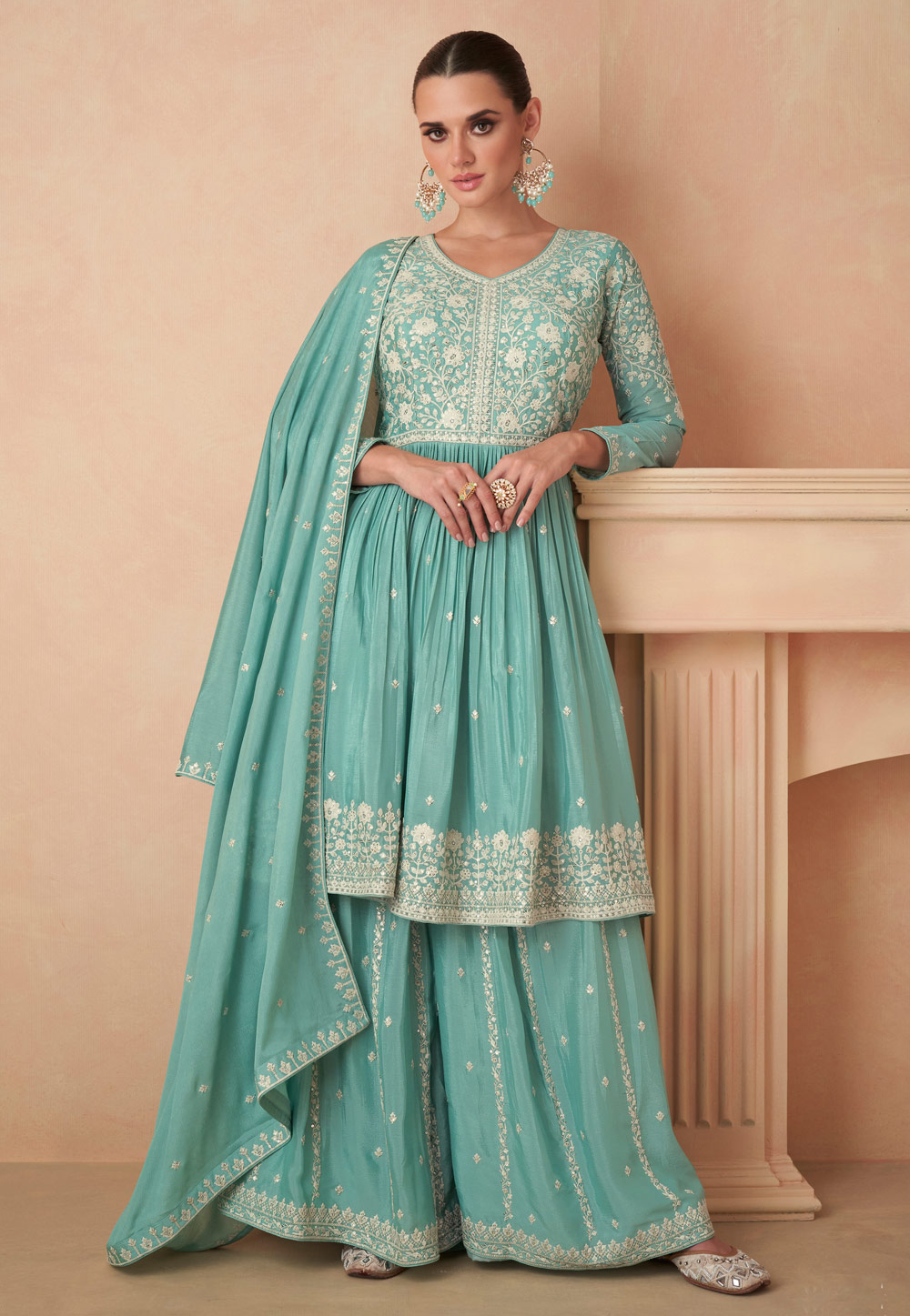 Sea Green Chinon Silk Sharara Suit 276436