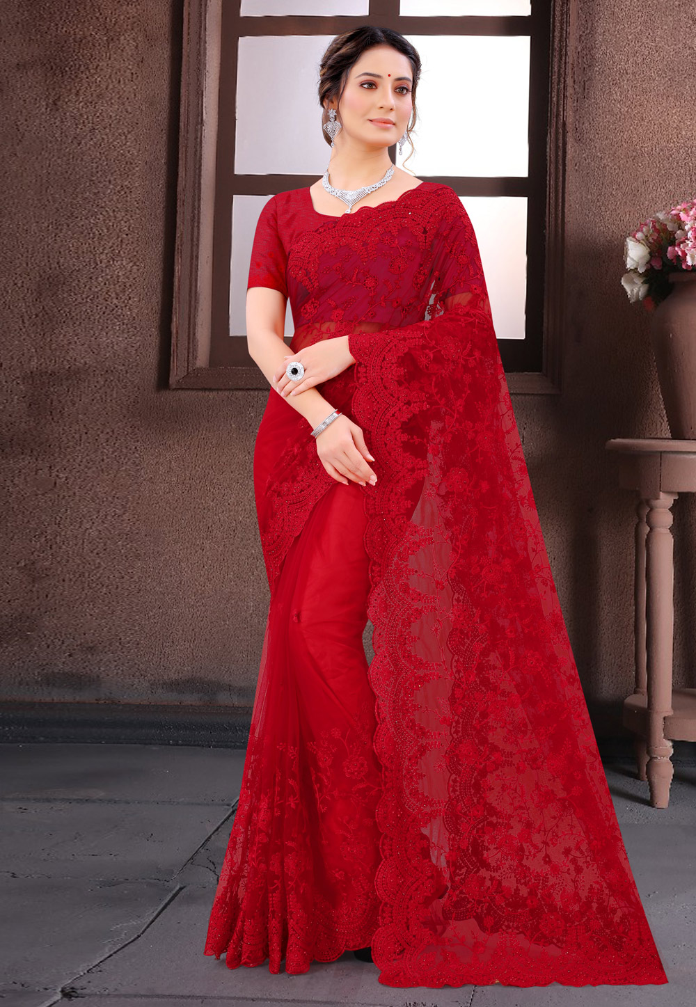 Red Net Saree With Blouse 232874