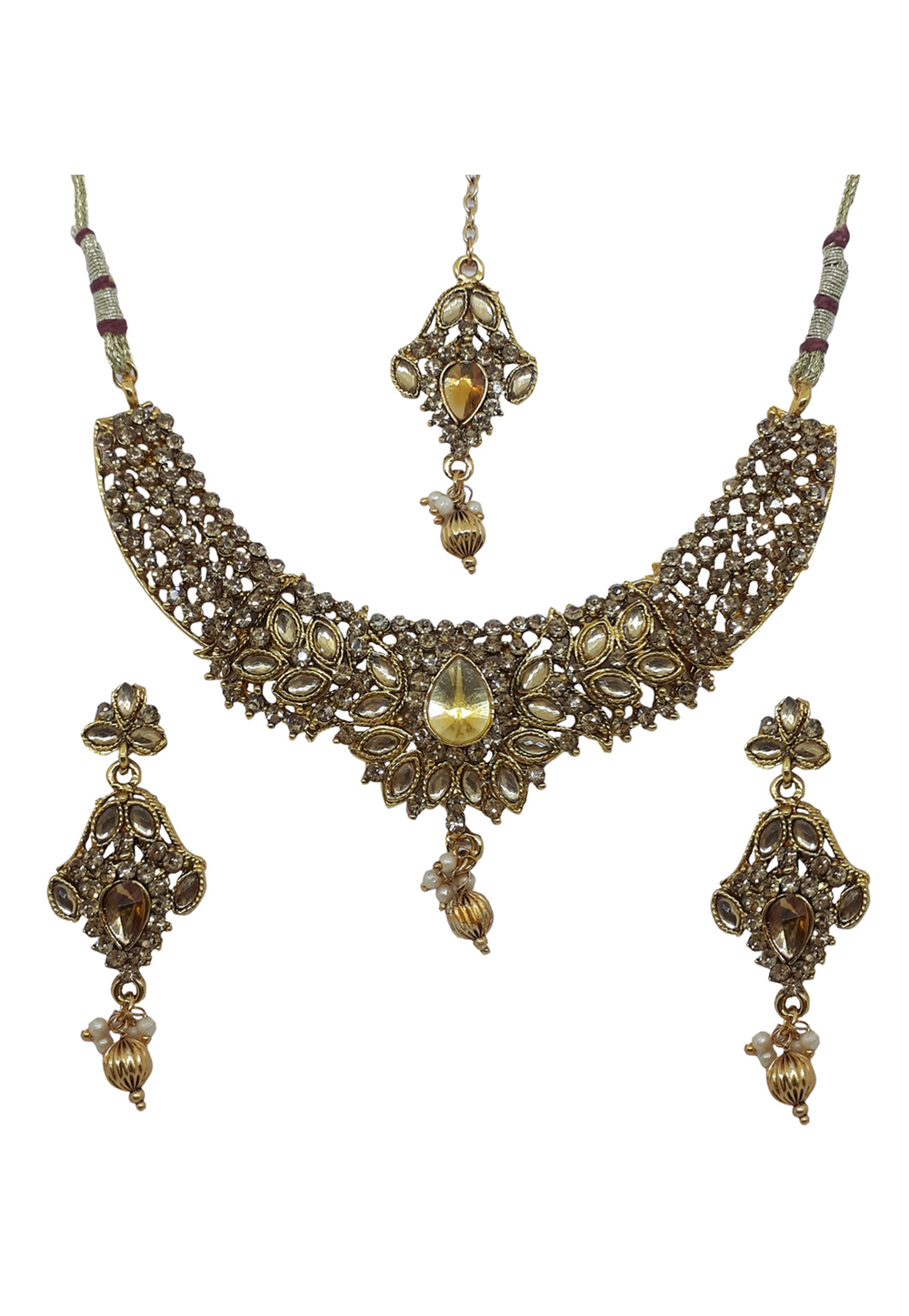 Golden Alloy Austrian Diamond Necklace Set With Earrings and Maangtikk 166415