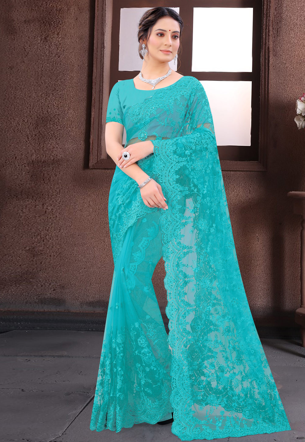 Turquoise Net Saree With Blouse 232876