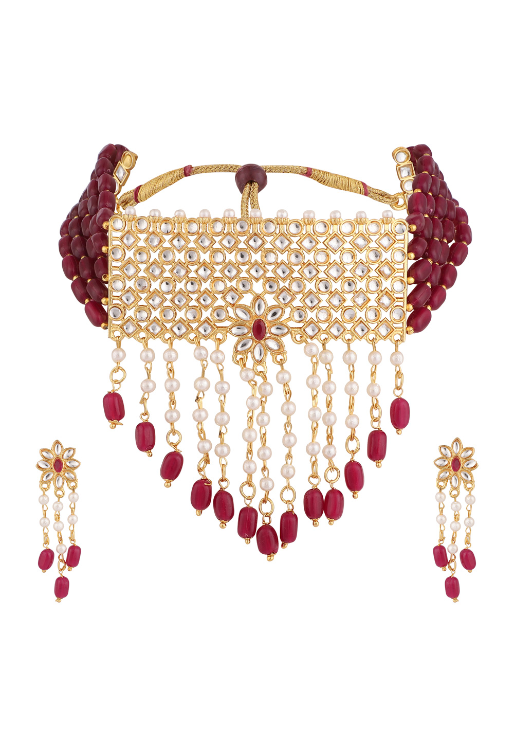 Maroon Alloy Necklace Set With Earrings 228726