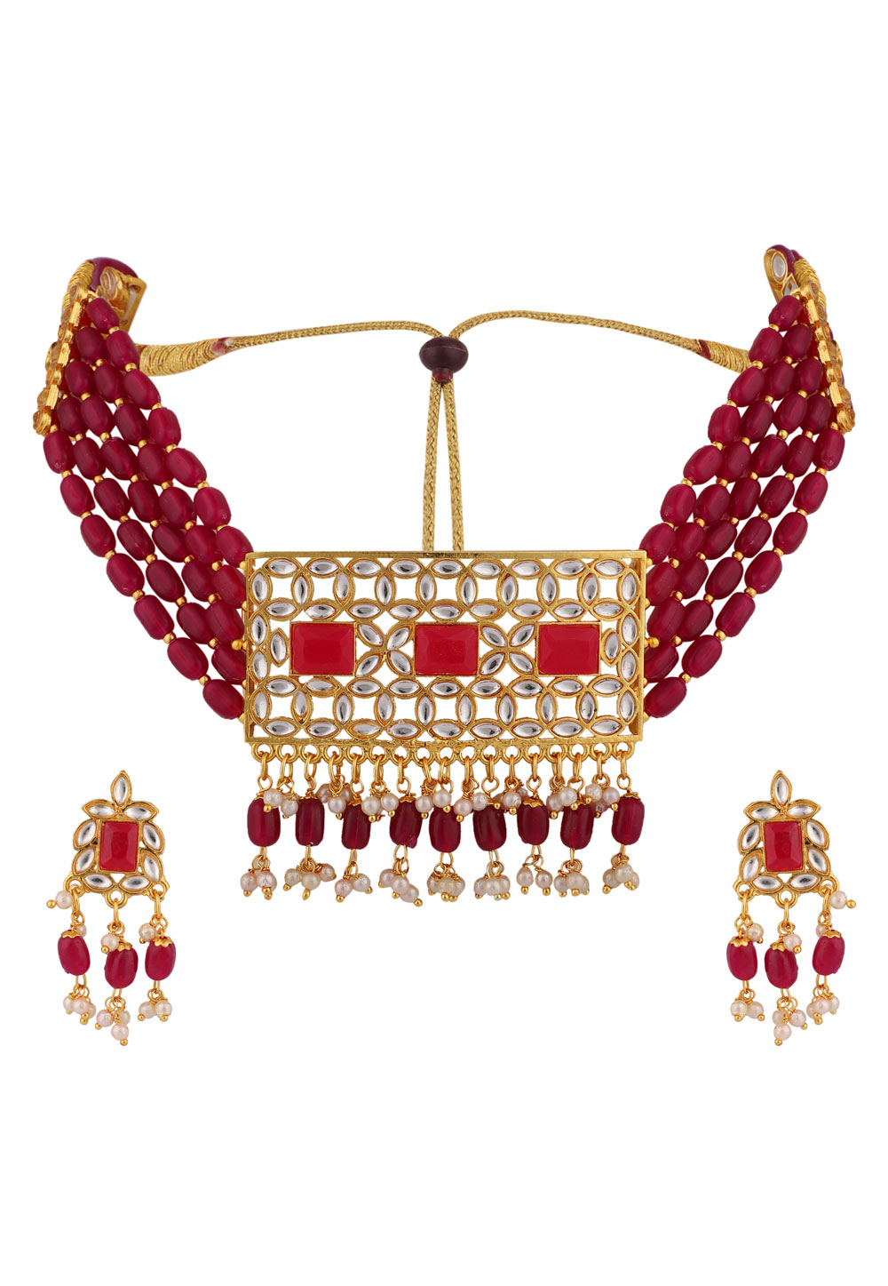 Maroon Alloy Necklace Set With Earrings 228727