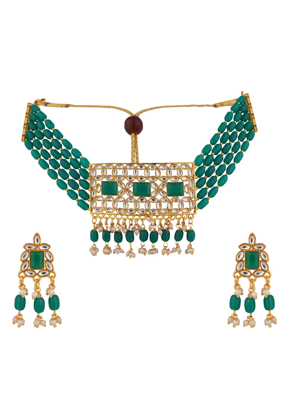 Green Alloy Necklace Set With Earrings 228728