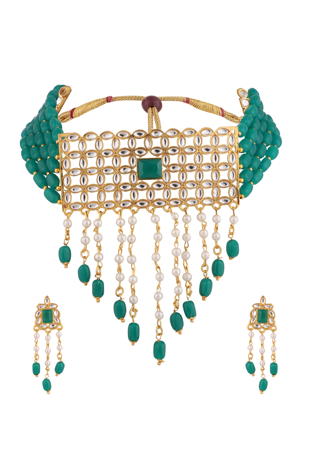 Green Alloy Necklace Set With Earrings 228729