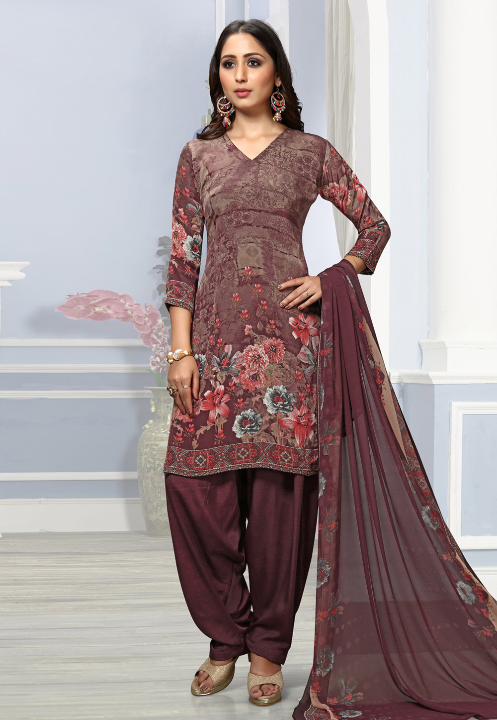 Brown Crepe Punjabi Suit 204974