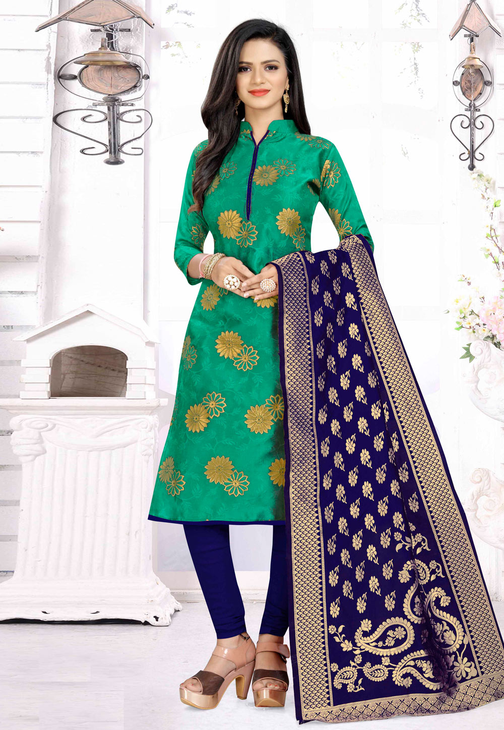 Green Banarasi Silk Churidar Suit 204988