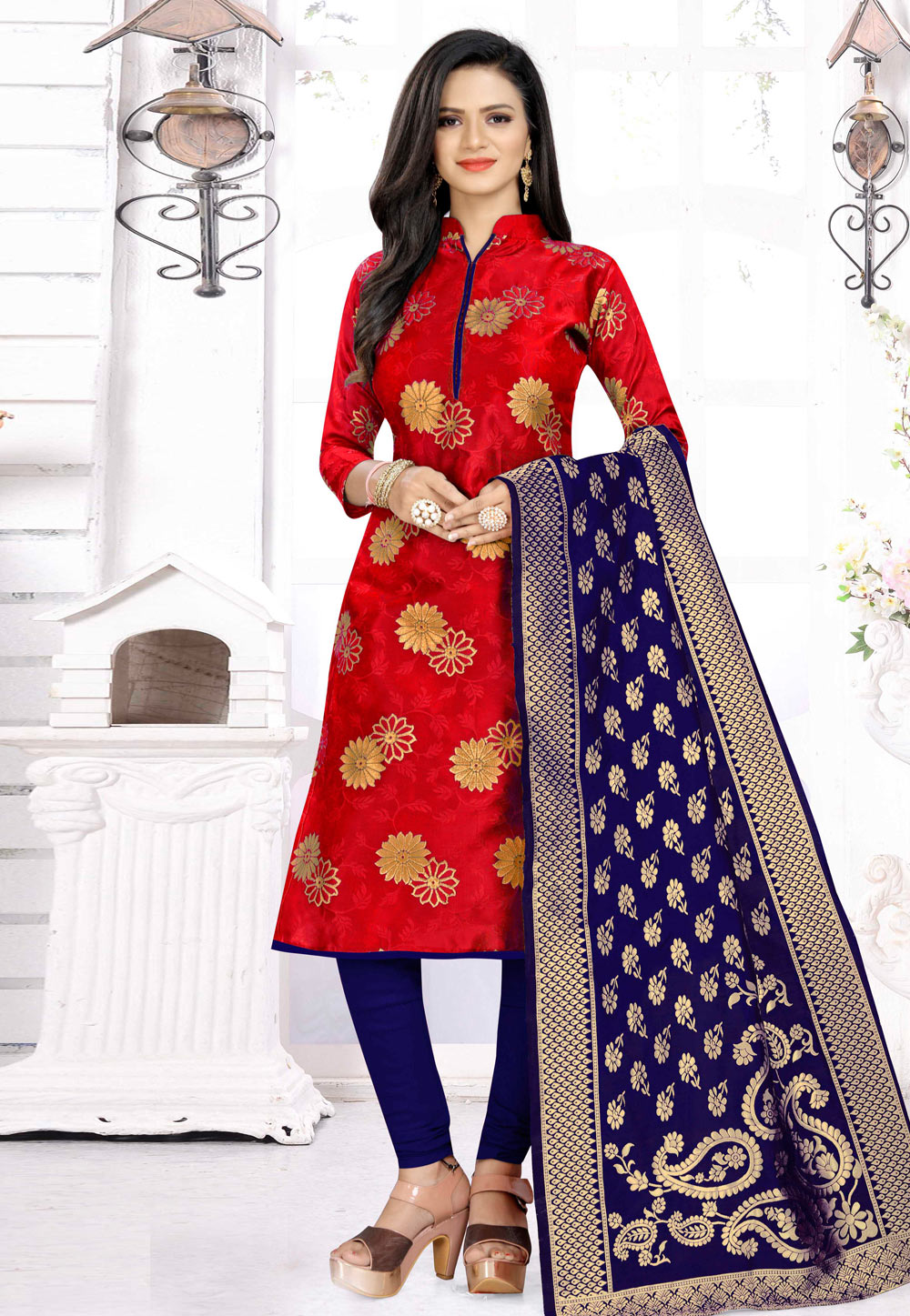Red Banarasi Silk Churidar Suit 204990