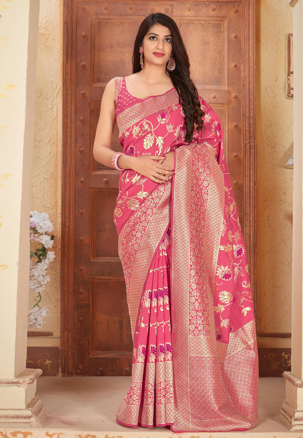 Pink Banarasi Silk Festival Wear Saree 205042