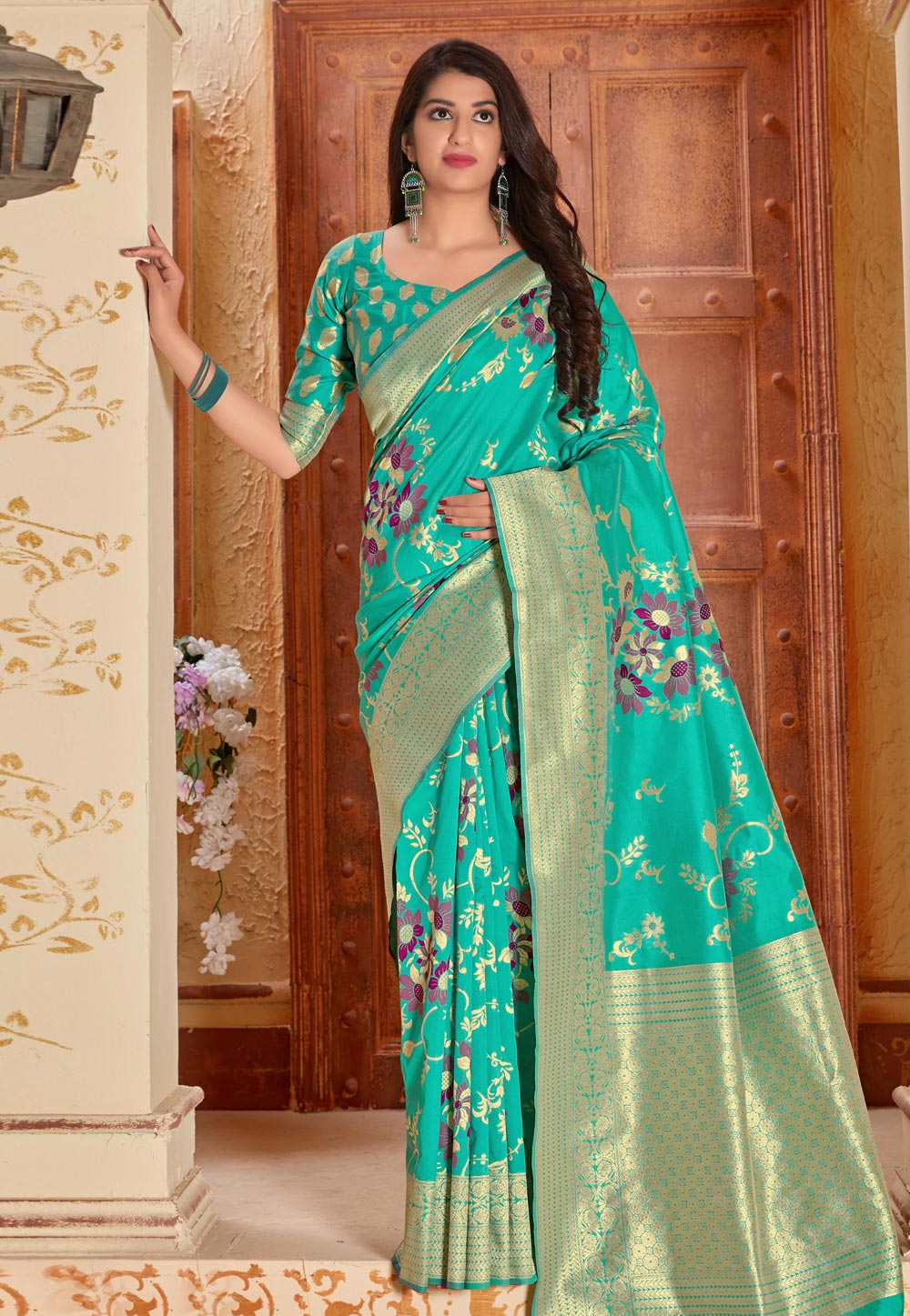 Turquoise Banarasi Silk Saree With Blouse 205043