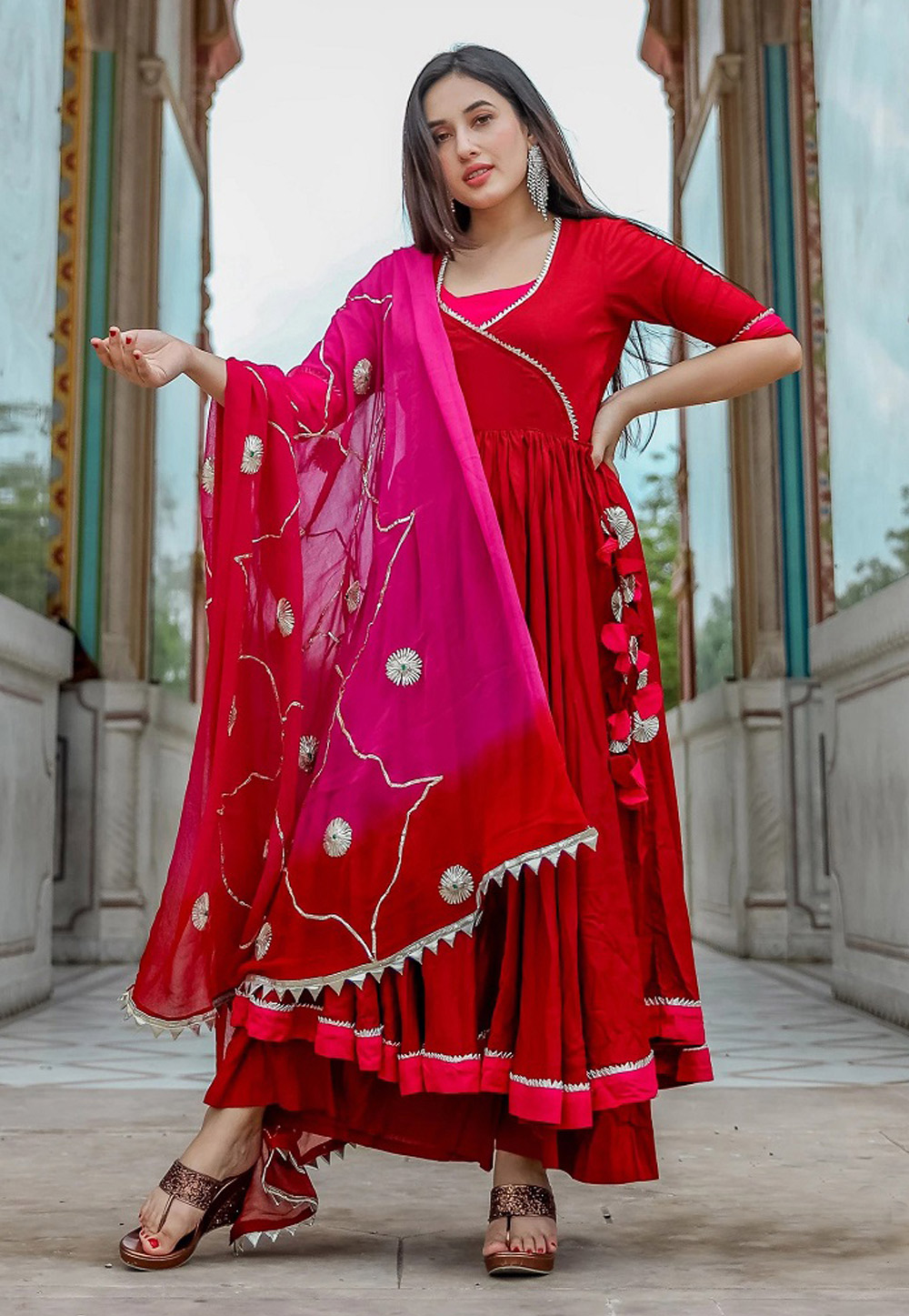 Red Cotton Silk Anarkali Suit 206146