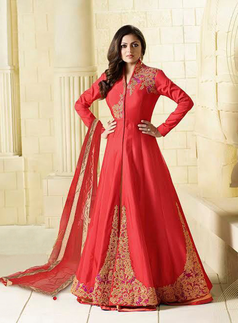 Drashti Dhami Red Taffeta Silk Long Anarkali Suit 82804