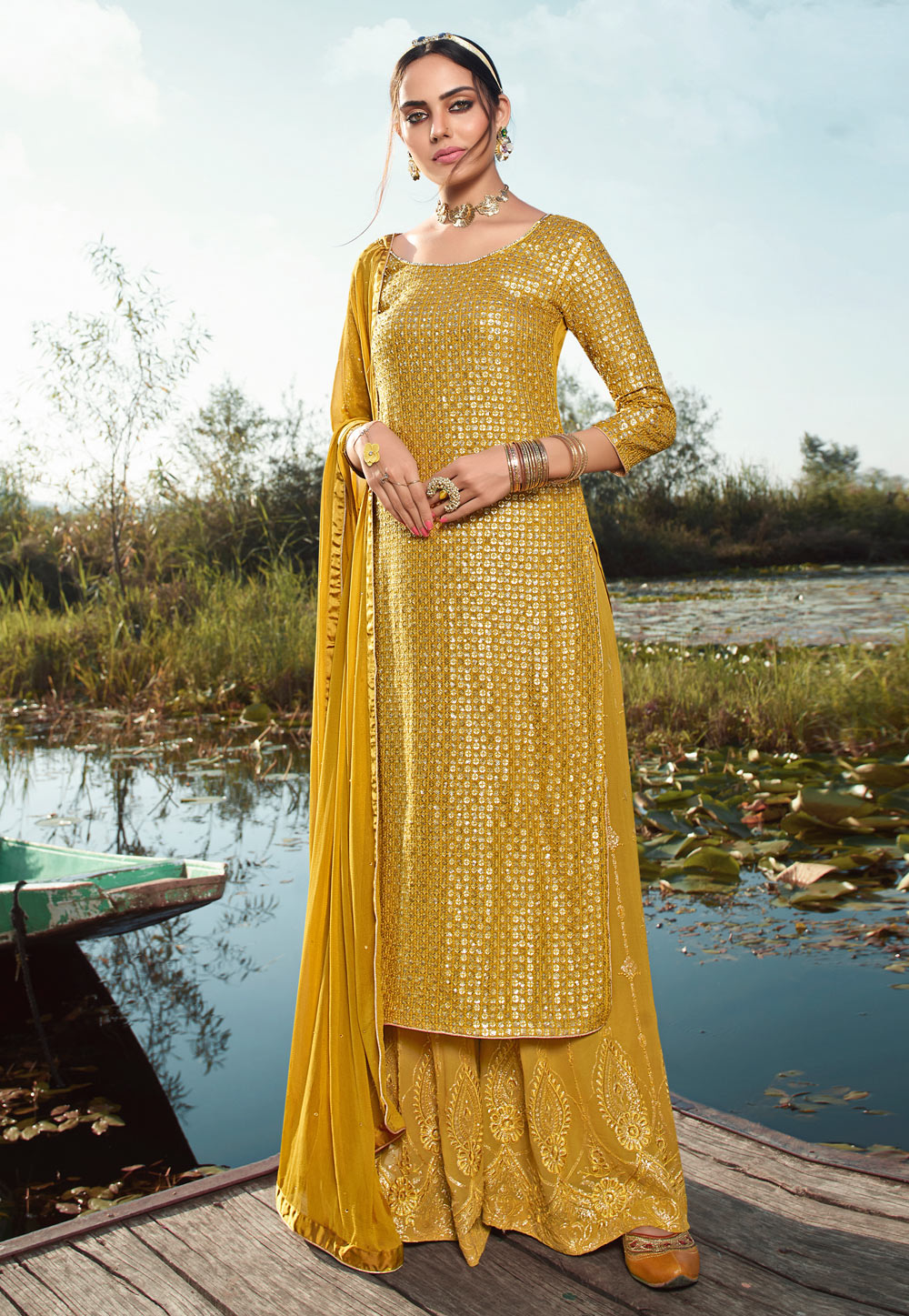 Yellow Georgette Sequins Work Palazzo Suit 221849