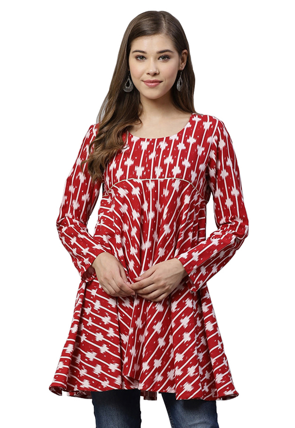 Red Cotton Readymade Printed Tops 203365