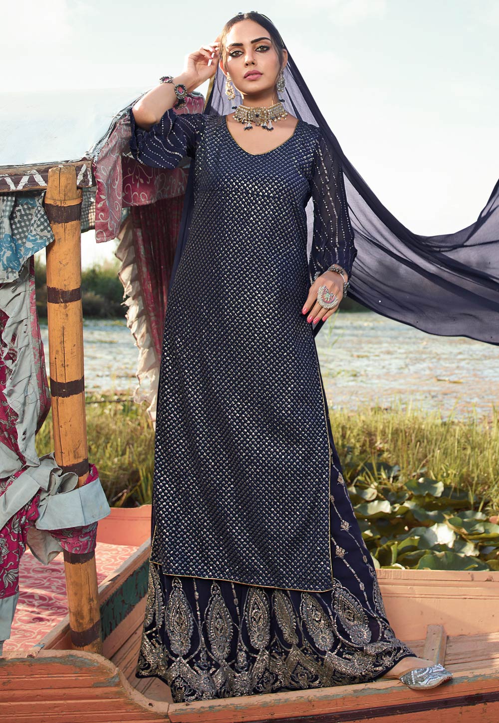 Navy Blue Georgette Kameez With Palazzo 221850