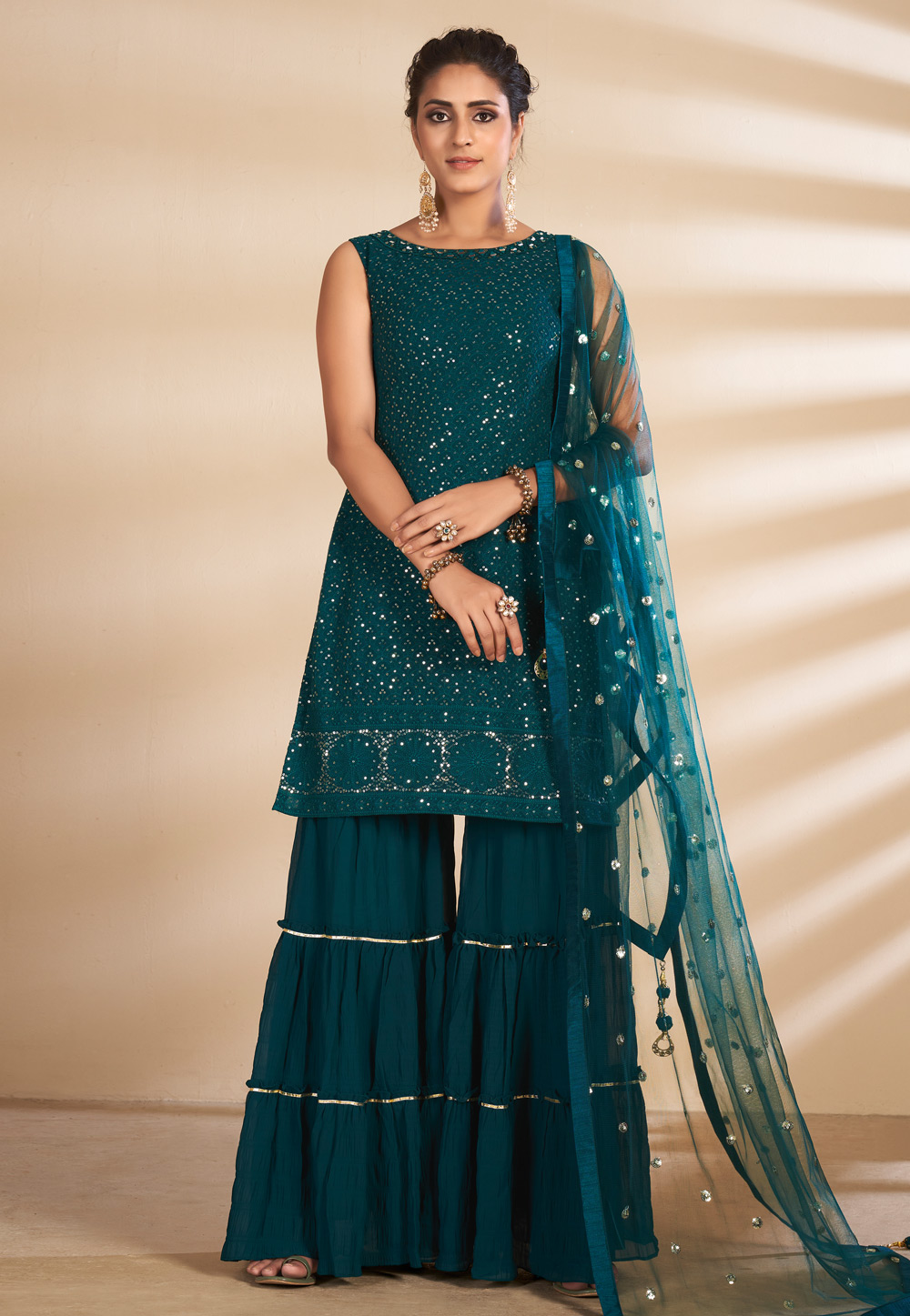 Teal Georgette Readymade Sharara Suit 242985