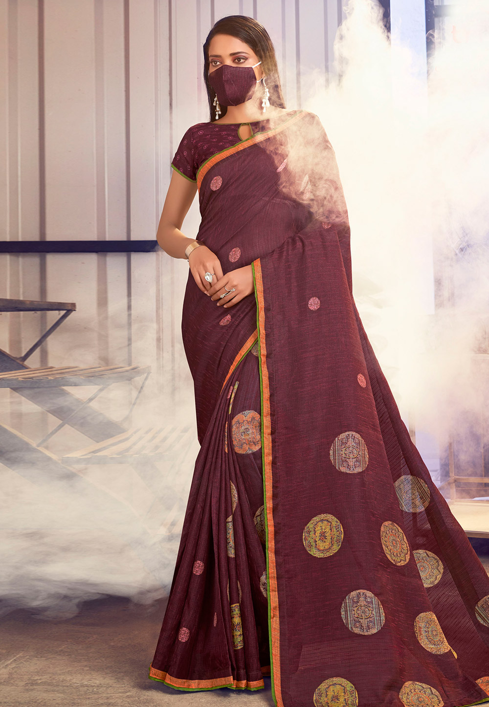 Wine Linen Festival Wear Saree With Face Mask 205358