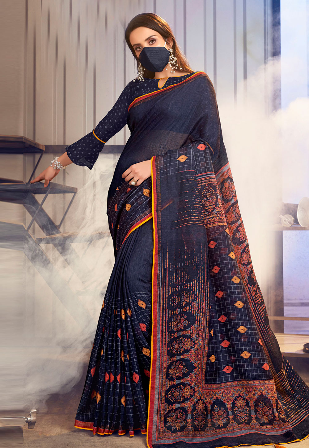 Navy Blue Linen Saree With Blouse and Face Mask 205359