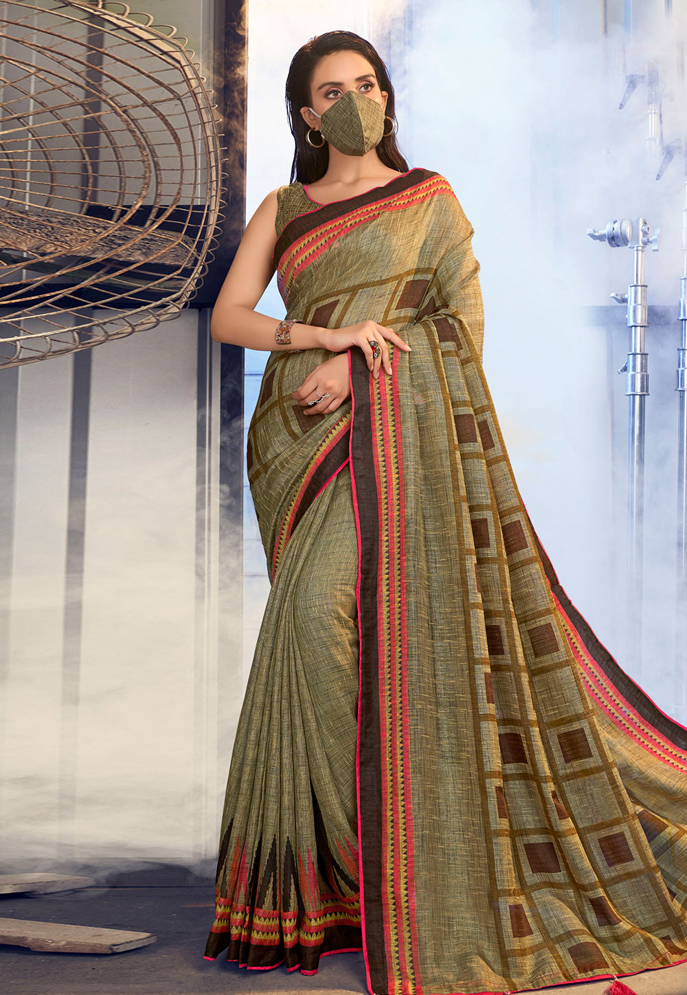 Beige Linen Festival Wear Saree With Face Mask 205362