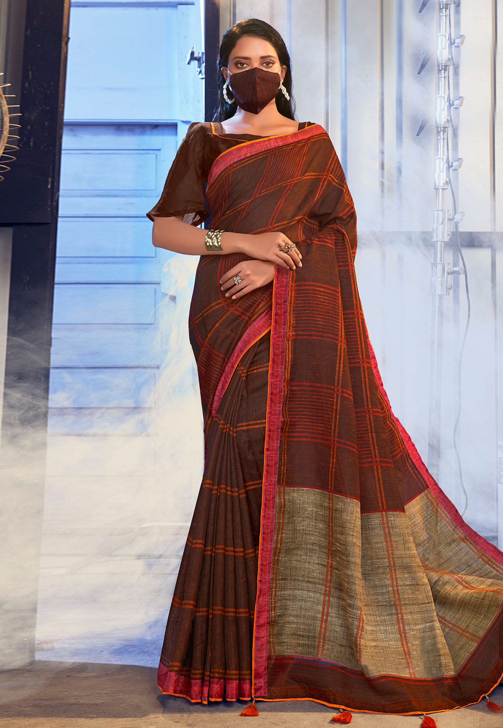Brown Linen Saree With Blouse and Face Mask 205363