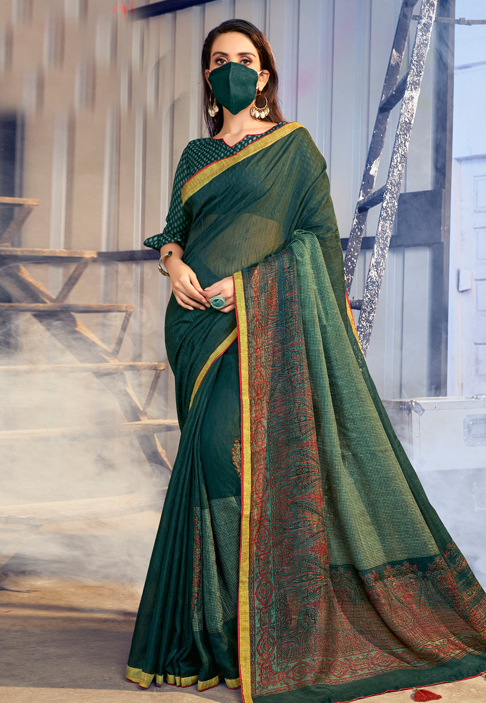 Green Linen Festival Wear Saree With Face Mask 205364