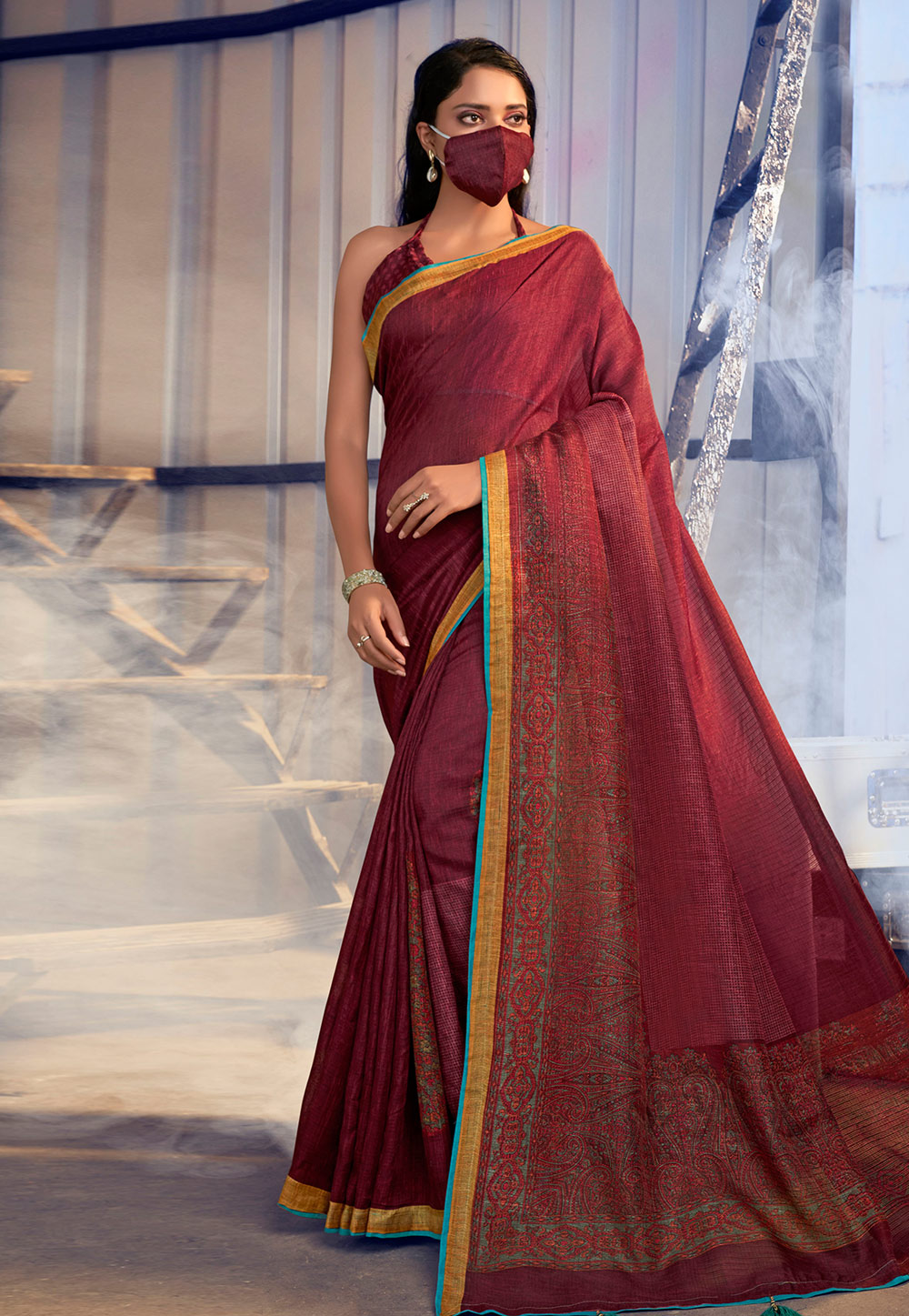 Maroon Linen Saree With Blouse and Face Mask 205365