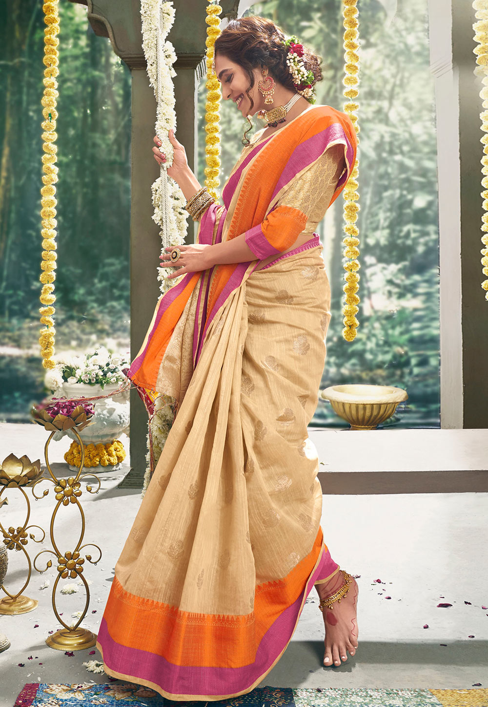 Beige Cotton Saree With Blouse 205367