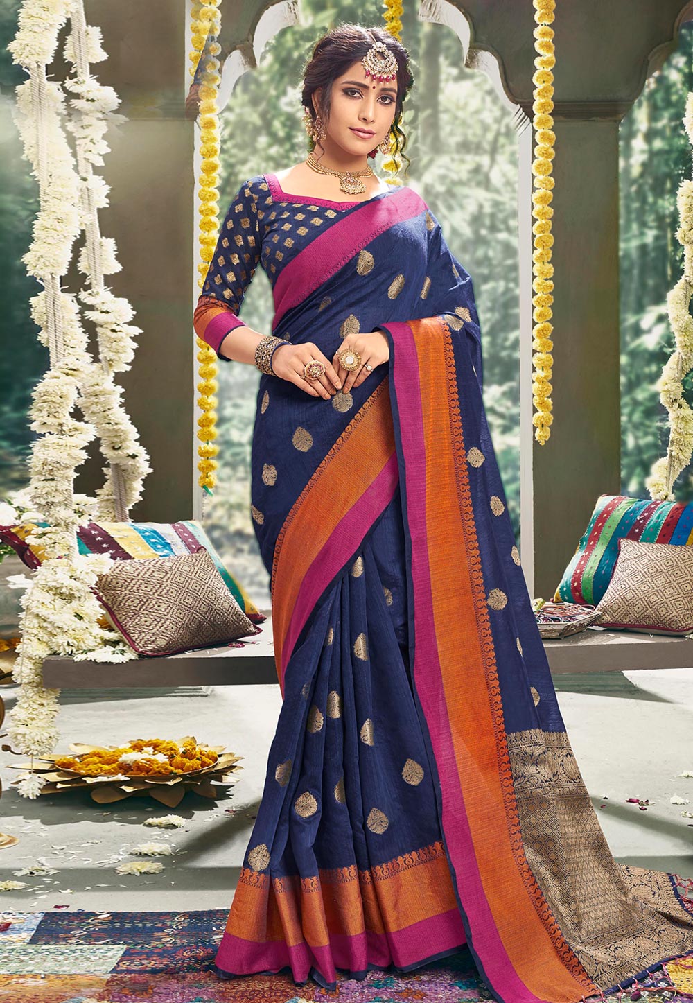 Navy Blue Cotton Saree With Blouse 205373